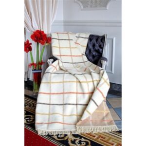 Koc bawełniany akrylowy 150x200 kremowy beżowy krata narzuta pled