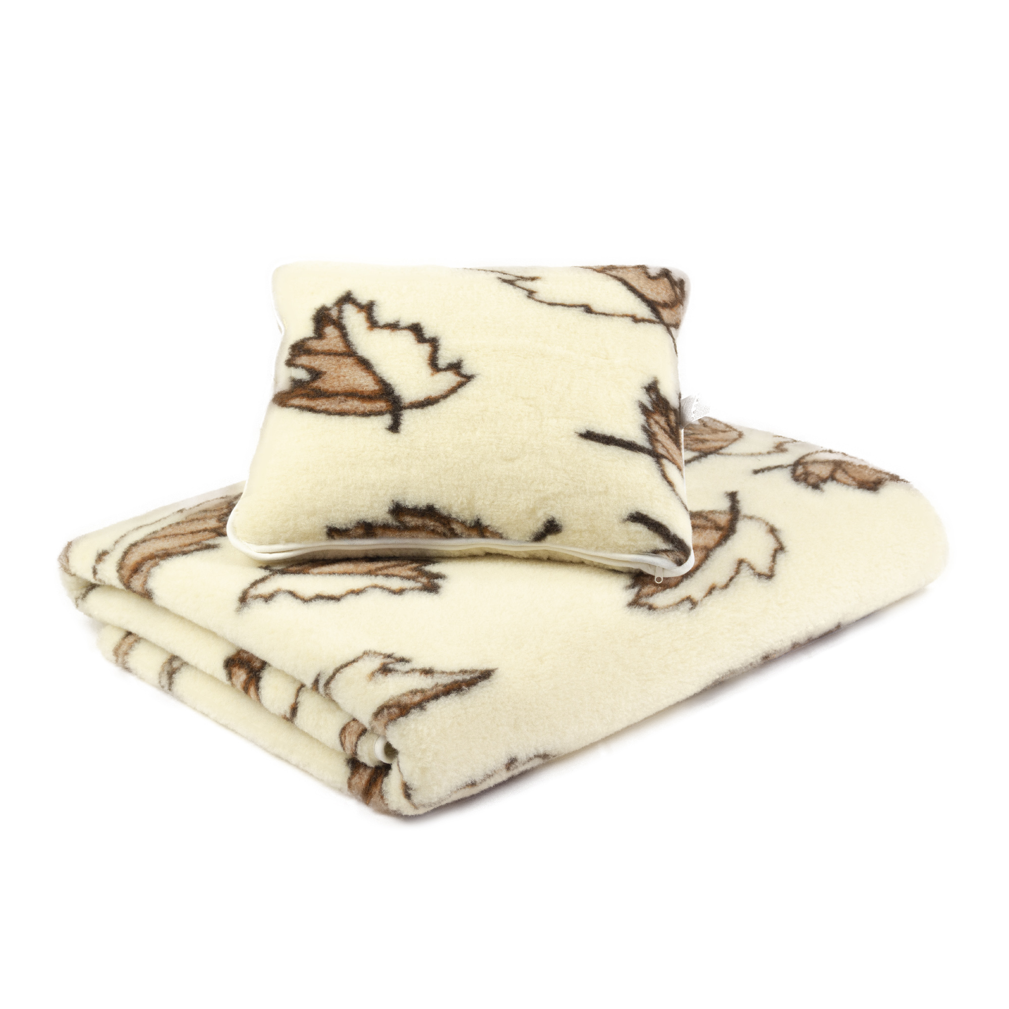 Komplet wełniany - kołdra 175x200 - 2 poduszki 50x60 - podkład prześcieradło wełniane - Liść Klonu - kremowy brązowy - Pościelowe wyroby rozgrzewające - obrazek 2