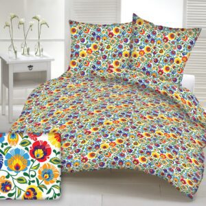 Pościel z kory 160x200 859a biała folk łowicki kwiatki kolorowe na guziki bawełniana Kora 23