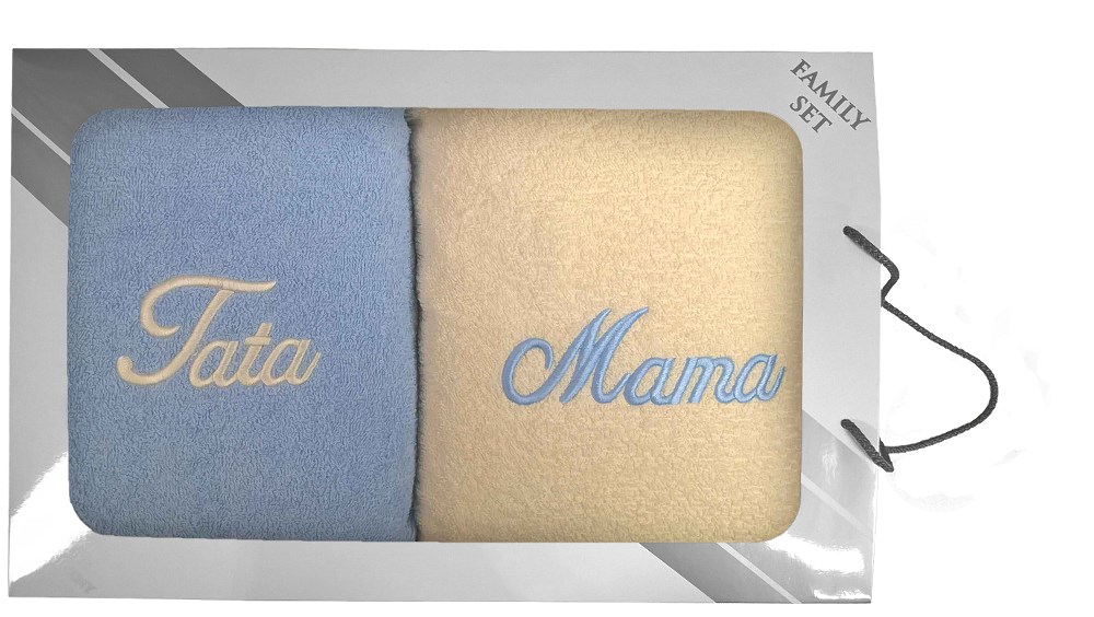 Komplet ręczników w pudełku 2 szt. 70x140 Mama Tata kremowy błękitny 05