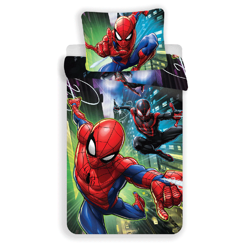 Pościel bawełniana 140x200 Spiderman Człowiek Pająk nad ulicami w mieście poszewka 70x90