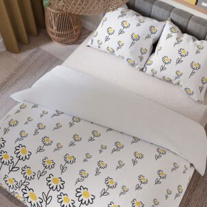 Pościel satynowa 220x200 Bellis biała żółta kwiaty