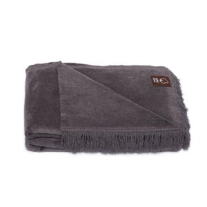 Koc bawełniany akrylowy 150x200 popielaty narzuta pled wykończony frędzlami