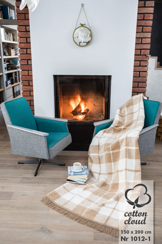 Koc bawełniany akrylowy 150x200 1012/1 krata beżowa kremowa narzuta pled