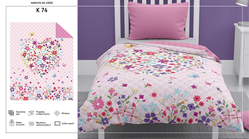 Narzuta młodzieżowa 170x210 różowa serce kwiaty K 74 Bedspread 05 - obrazek 2