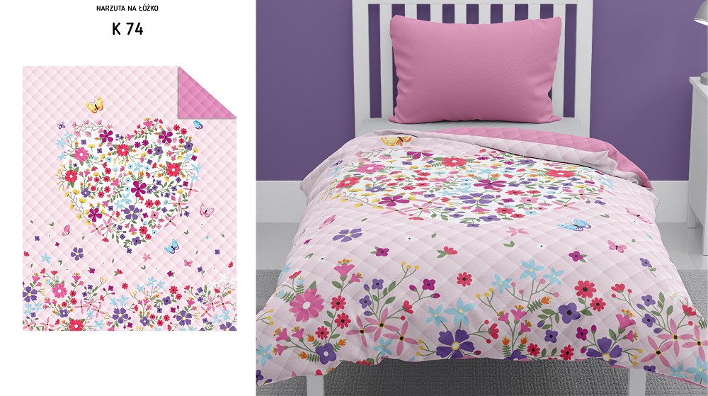 Narzuta młodzieżowa 170x210 różowa serce kwiaty K 74 Bedspread 05 - obrazek 3