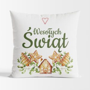 Poduszka świąteczna dwustronna z mikrofibry 40x40 Pierniki biała z wypełnieniem silikonu