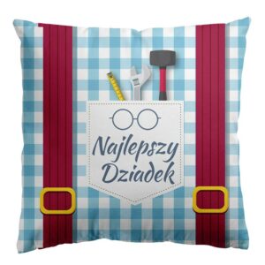 Poduszka bawełniana 43x43 niebieska kratka Najlepszy Dziadek
