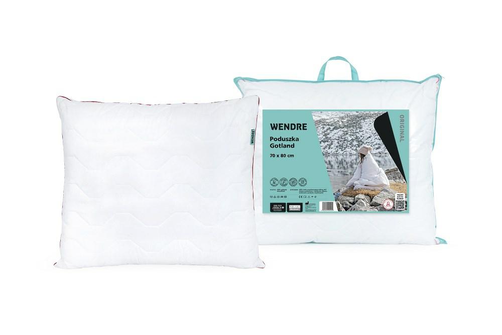 Poduszka Gotland 70x80 biała mikrofibra czerwona wypustka lamówka w torbie