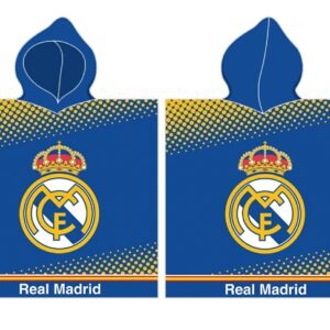 Poncho dla dzieci 55x110 Real Madryt 4176 Herb niebieskie żółte kropki ręcznik z kapturem