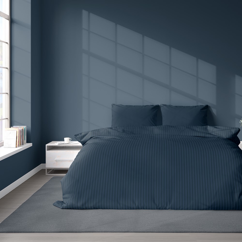 Pościel adamaszkowa 180x200 denim granatowa jednobarwna paski 1 cm Pure - obrazek 2