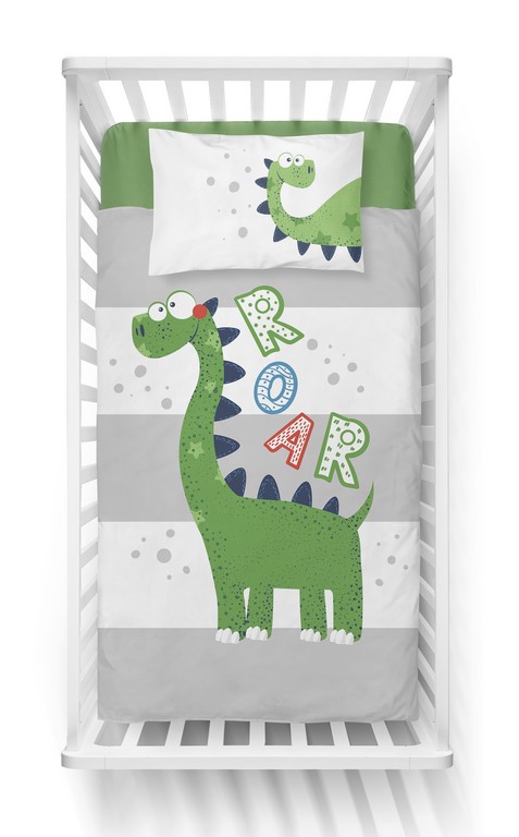 Pościel bambusowa 100x135 Dinozaury biała szara zielona paski Dino do łóżeczka dwustronna poszewka 40x60 - obrazek 3