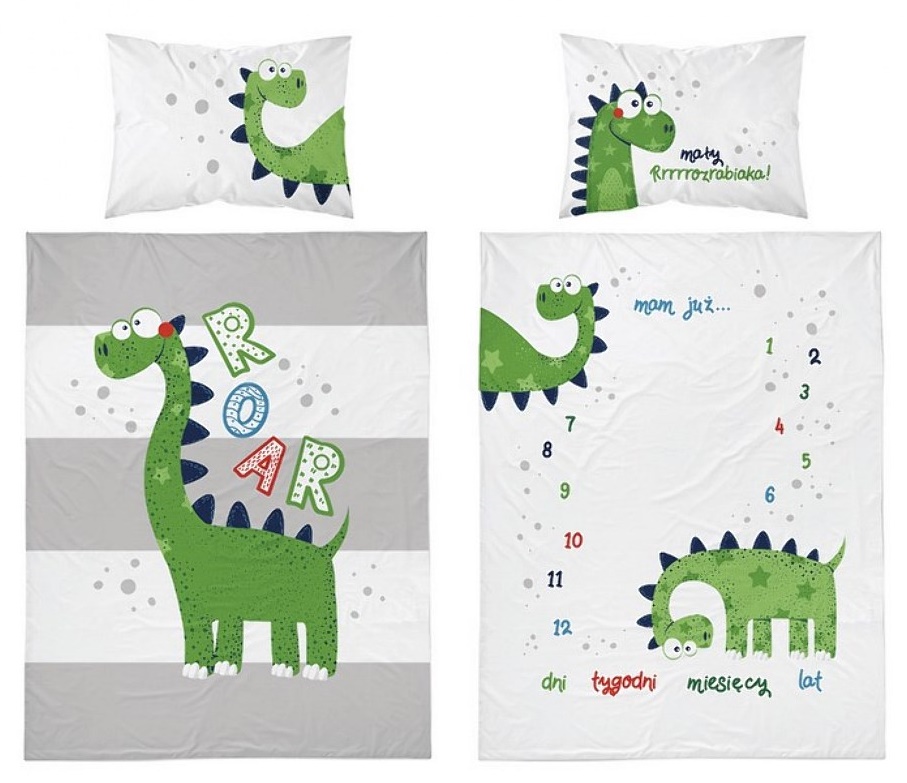 Pościel bambusowa 100x135 Dinozaury biała szara zielona paski Dino do łóżeczka dwustronna poszewka 40x60