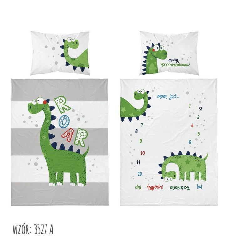 Pościel bambusowa 100x135 Dinozaury biała szara zielona paski Dino do łóżeczka dwustronna poszewka 40x60 - obrazek 2