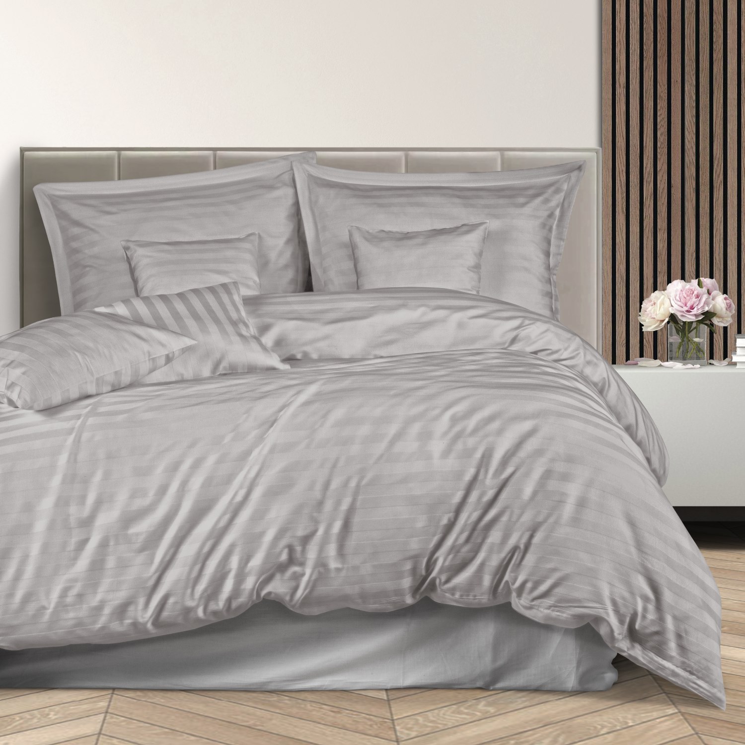 Pościel bambusowa 220x200 szara paski satyna bawełniana jednobarwna 2 poszewki 70x80 Bamboo 23 - obrazek 2