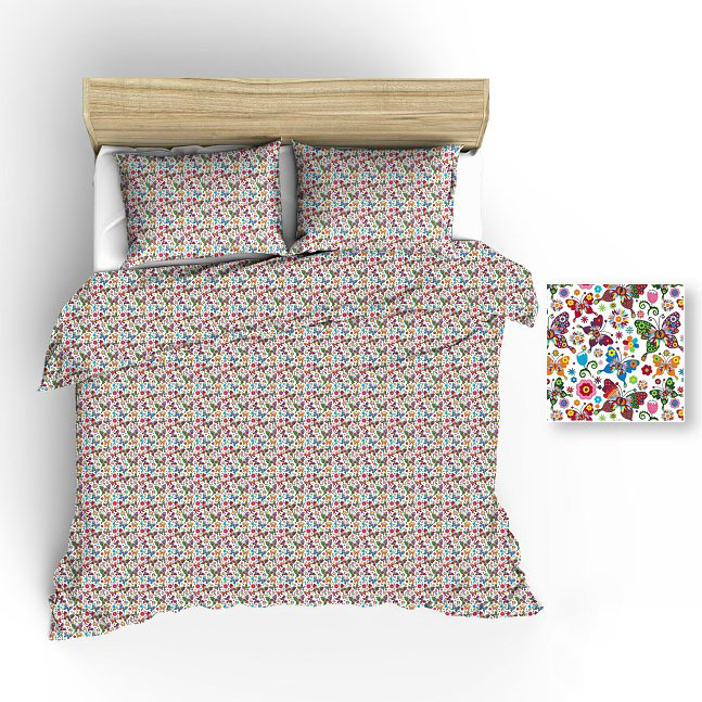 Pościel bawełniana 100x135 biała motylki kwiatki gwiazdki kolorowe