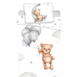 Pościel bawełniana 100x135 Miś baloniki gwiazki biała szara księżyc chmurki Teddy Bear dziecięca do łóżeczka poszewka 40x60