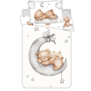 Pościel bawełniana 100x135 Miś księżyc wstążka biała szara poszewka 40x60
