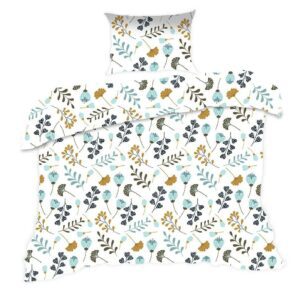 Pościel bawełniana 140x200 613N biała niebieskie kwiatki gałązki Classic E24