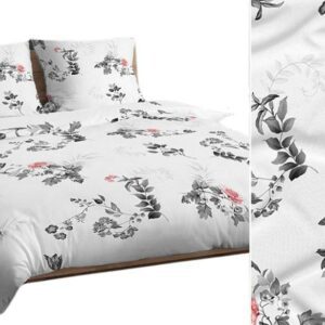 Pościel bawełniana 140x200 biała grafitowa liście kwiaty 4304 C bawełna Max