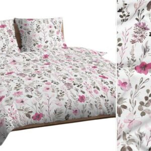 Pościel bawełniana 140x200 biała różowa szara kwiaty liście bawełna Max