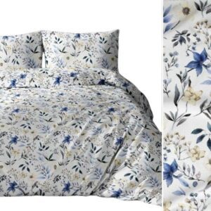 Pościel bawełniana 140x200 biała szara niebieska żółta kwiaty liście 5046 C bawełna Max