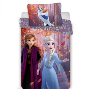 Pościel bawełniana 140x200 Frozen Kraina Lodu Anna Elsa i Olaf las liście