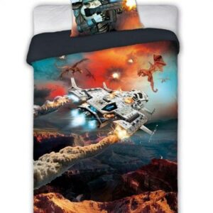 Pościel bawełniana 140x200 Gamer młodzieżowa statek kosmiczny planeta galaktyka dla gracza pomarańczowa szara