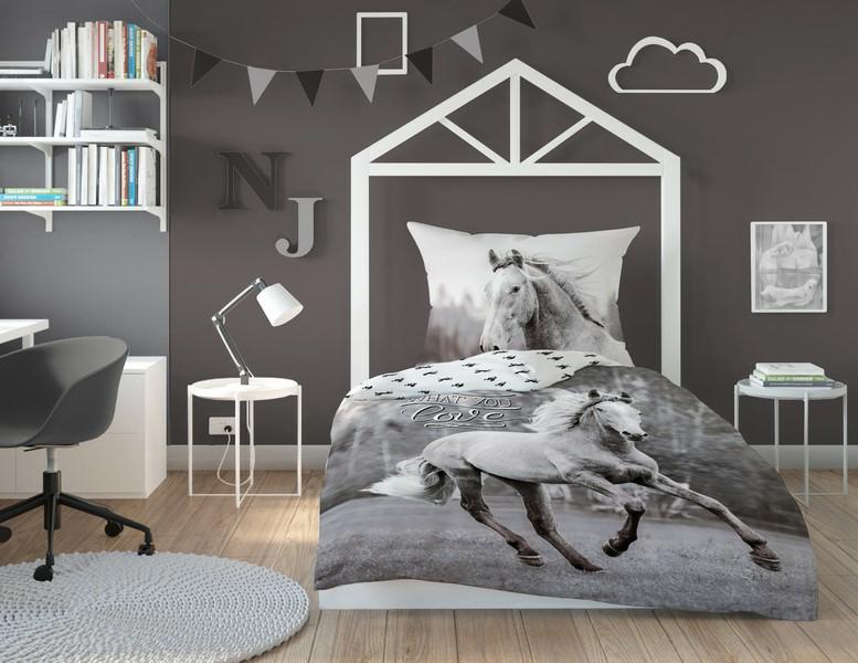 Pościel bawełniana 140x200 Koń w galopie szary czarna biała 0142 konie konik młodzieżowa horse Holland Collection - obrazek 2