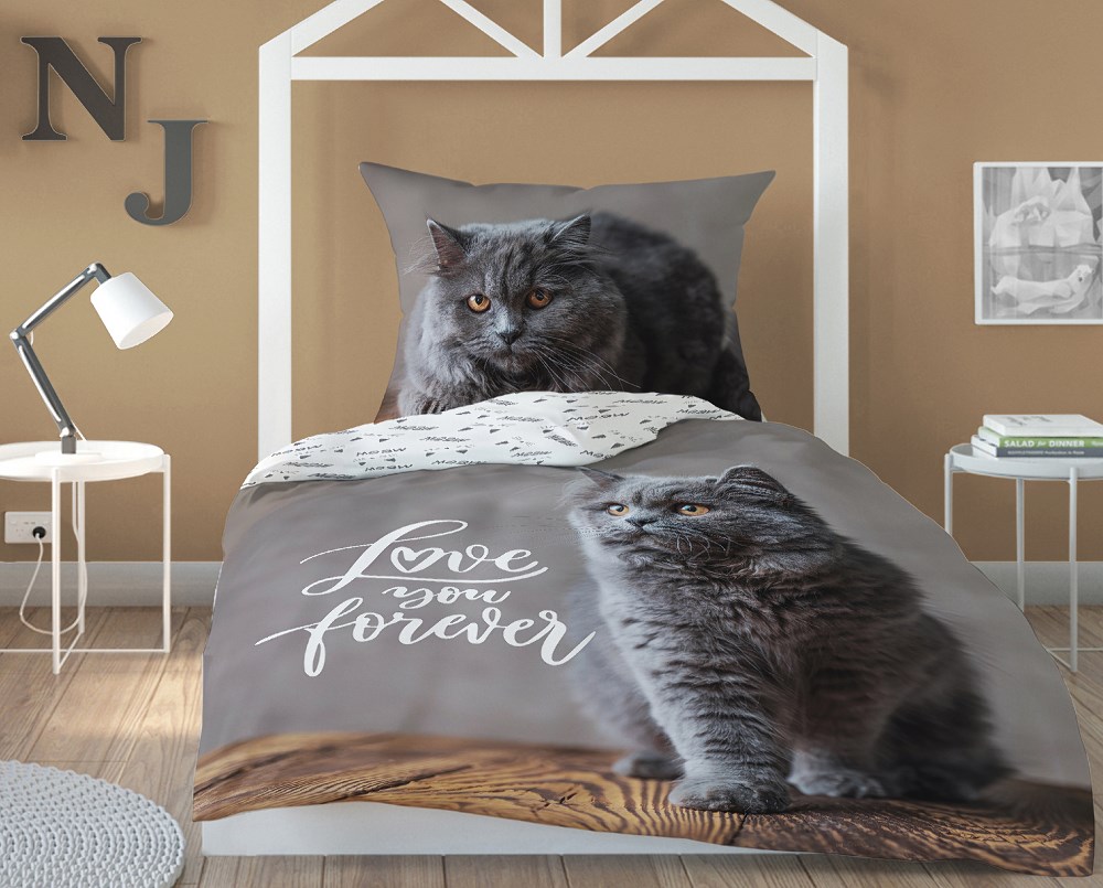 Pościel bawełniana 140x200 kotek szary poszewka 70x80 panelowa - obrazek 2