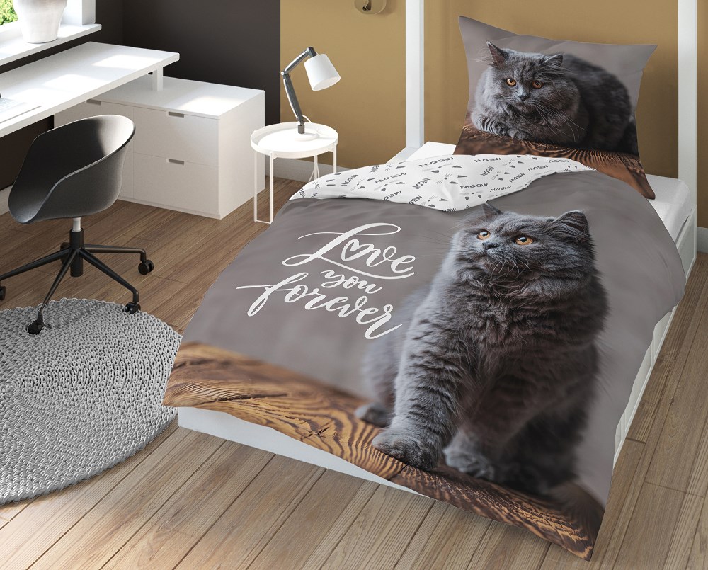 Pościel bawełniana 140x200 kotek szary poszewka 70x80 panelowa - obrazek 3