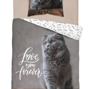 Pościel bawełniana 140x200 kotek szary poszewka 70x80 panelowa