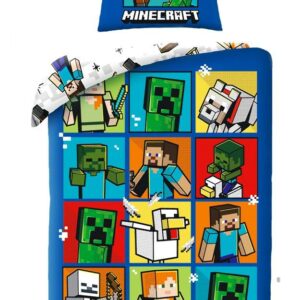 Pościel bawełniana 140x200 Minecraft niebieska kolorowa poszewka 70x90