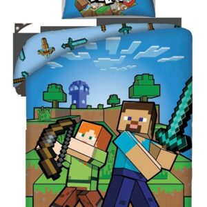 Pościel bawełniana 140x200 Minecraft niebieska poszewka 50x70