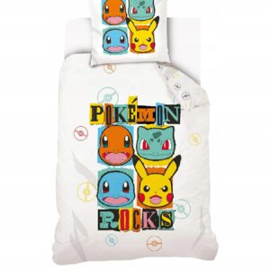 Pościel bawełniana 140x200 Pokemon biała kolorowa poszewka 70x90