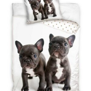 Pościel bawełniana 140x200 Psy Buldog francuski biała czarna poszewka 70x90