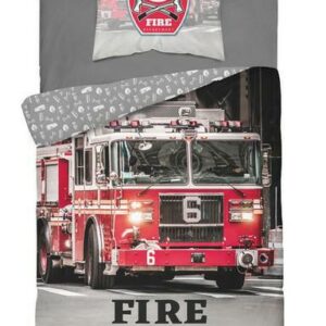 Pościel bawełniana 140x200 Straż Pożarna 3629 A wóz strażacki szara czerwona 0180 Holland Collection