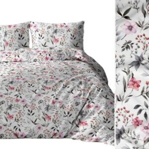 Pościel bawełniana 160x200 biała różowa szara kwiaty liście 5046 B bawełna Max