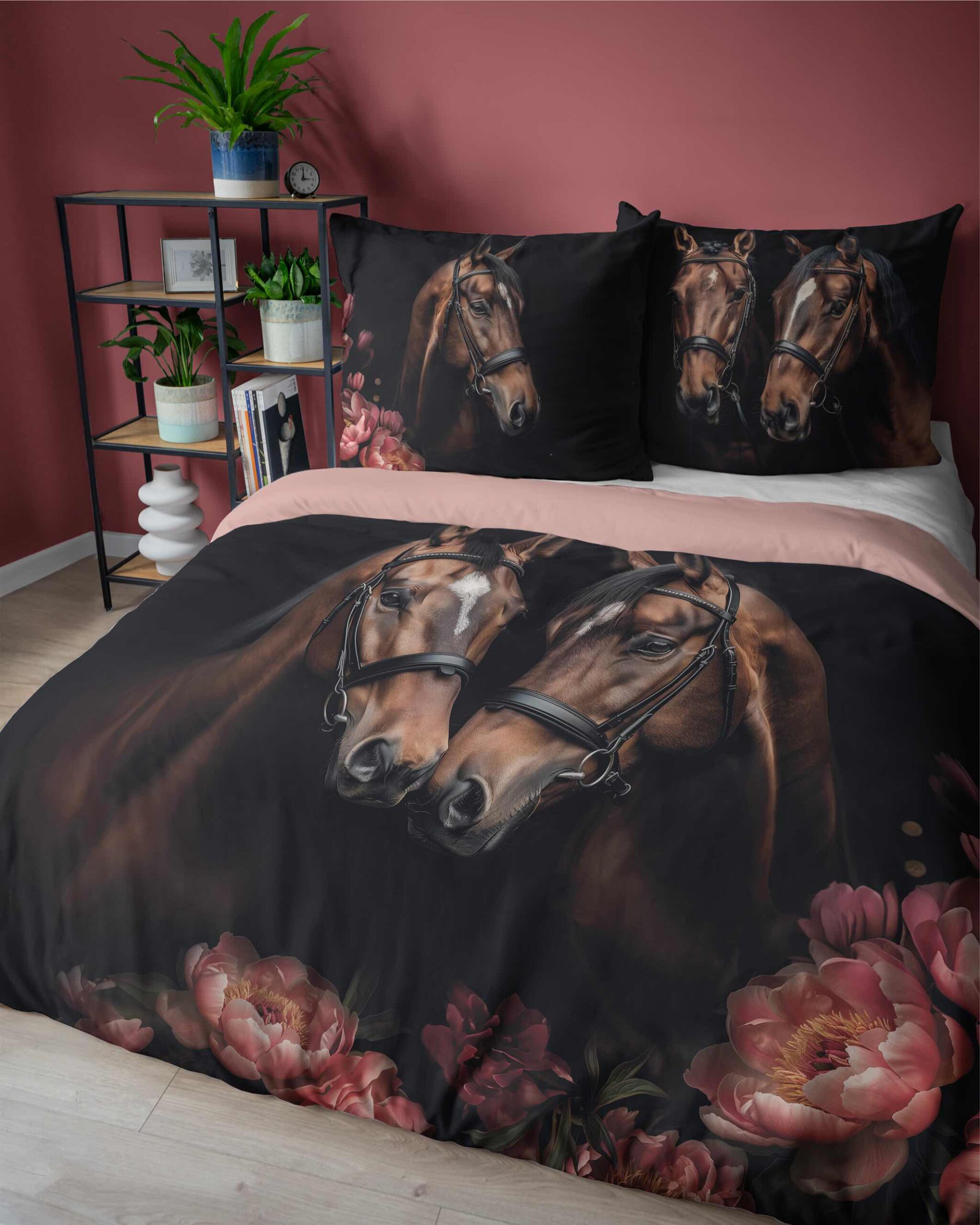 Pościel bawełniana 160x200 czarna brązowa różowa konie kwiaty Holland Natura 52 - obrazek 2