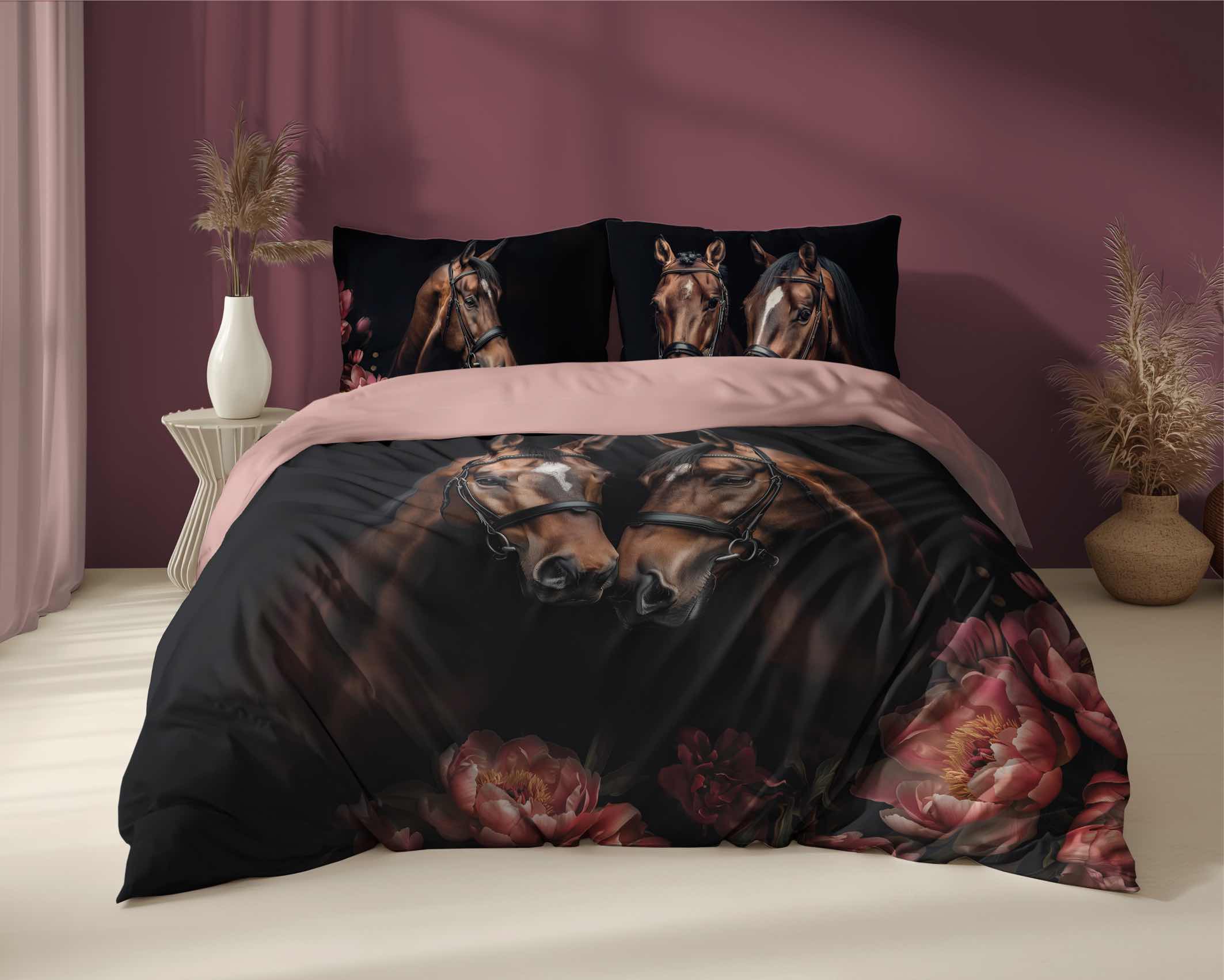 Pościel bawełniana 160x200 czarna brązowa różowa konie kwiaty Holland Natura 52 - obrazek 3