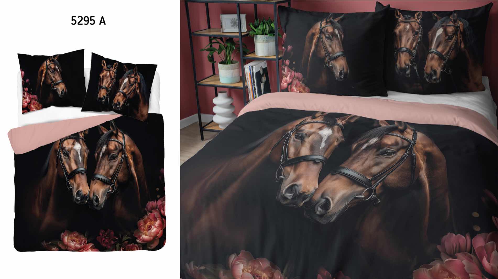 Pościel bawełniana 160x200 czarna brązowa różowa konie kwiaty Holland Natura 52 - obrazek 4