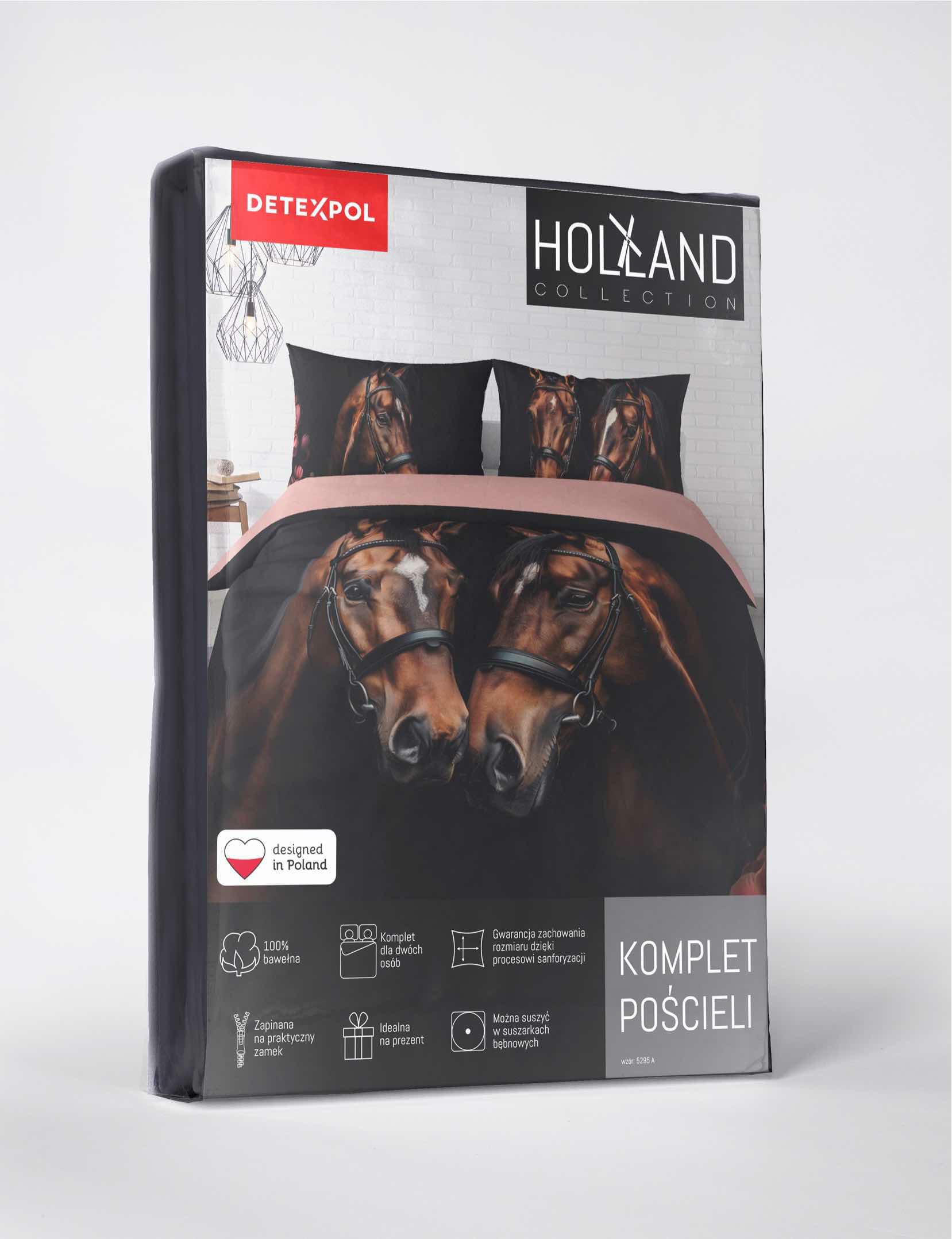 Pościel bawełniana 160x200 czarna brązowa różowa konie kwiaty Holland Natura 52 - obrazek 5