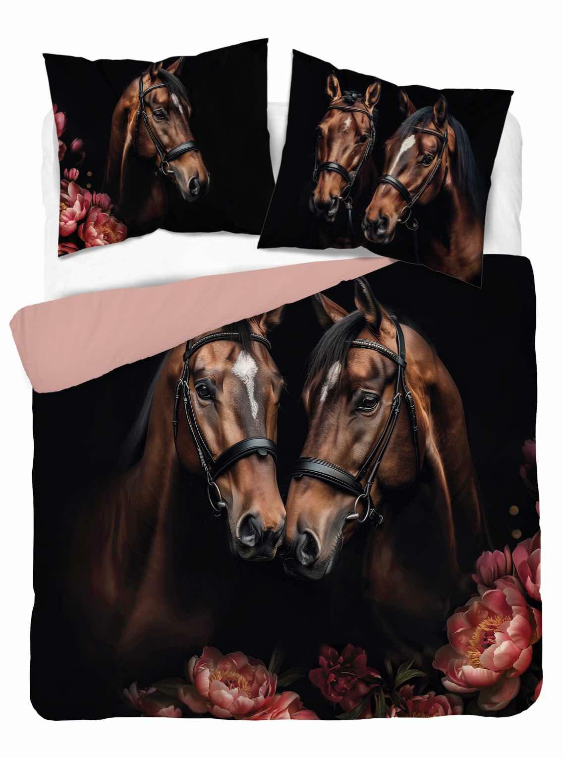 Pościel bawełniana 160x200 czarna brązowa różowa konie kwiaty Holland Natura 52