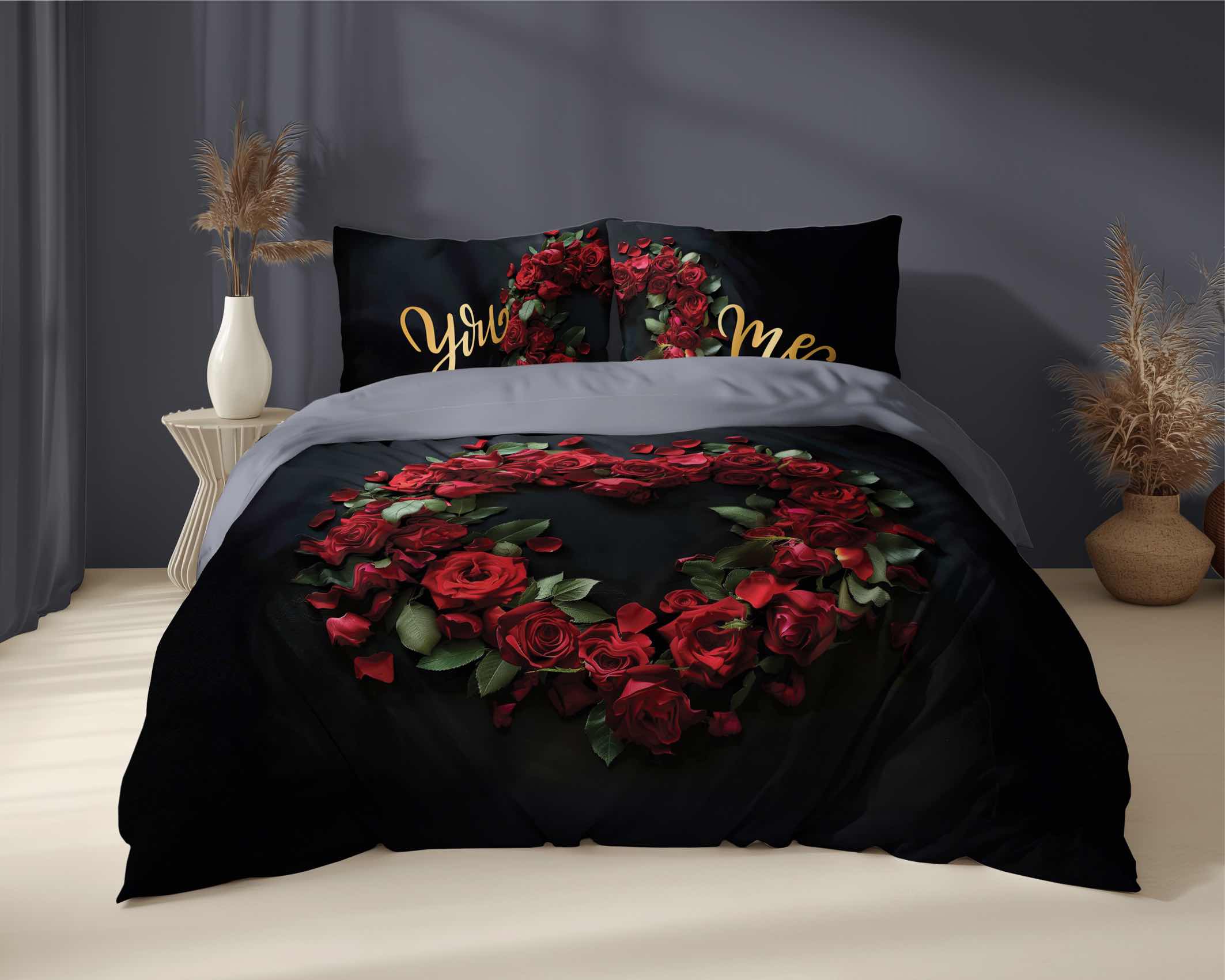 Pościel bawełniana 160x200 czarna czerwona serce Ty i Ja You and Me Holland 52 - obrazek 3