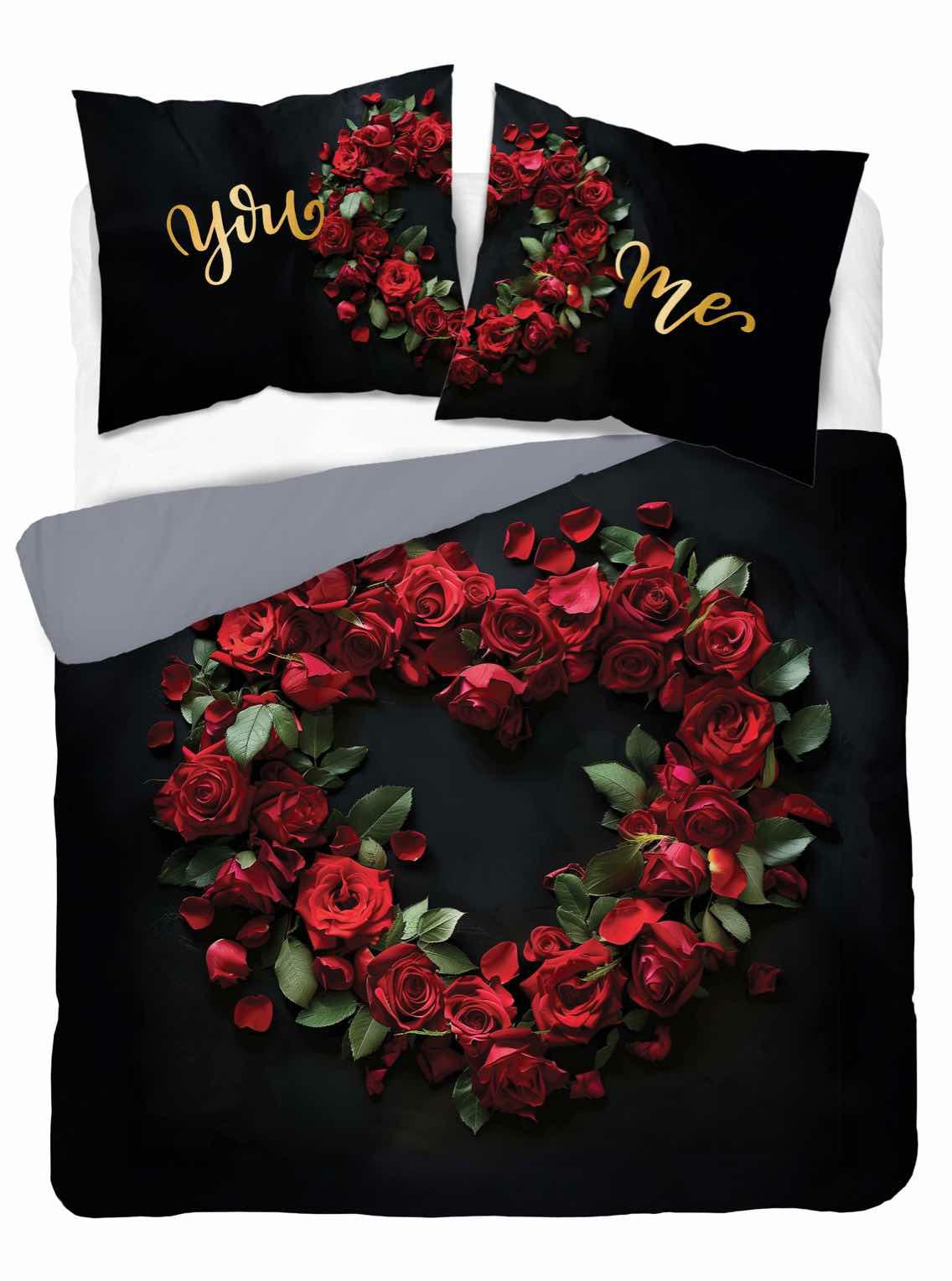 Pościel bawełniana 160x200 czarna czerwona serce Ty i Ja You and Me Holland 52