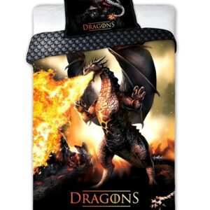 Pościel bawełniana 160x200 Dragons 027 Ognisty Smok czarna pomarańczowa poszewka 70x90