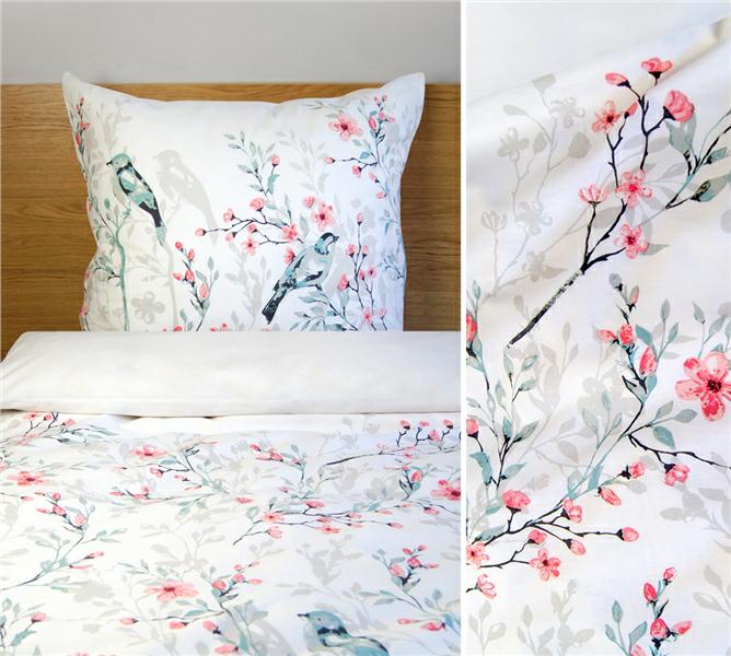 Pościel bawełniana 160x200 Happy biała kolorowa kwiatuszki ptaszki Bielbaw Premium - obrazek 2