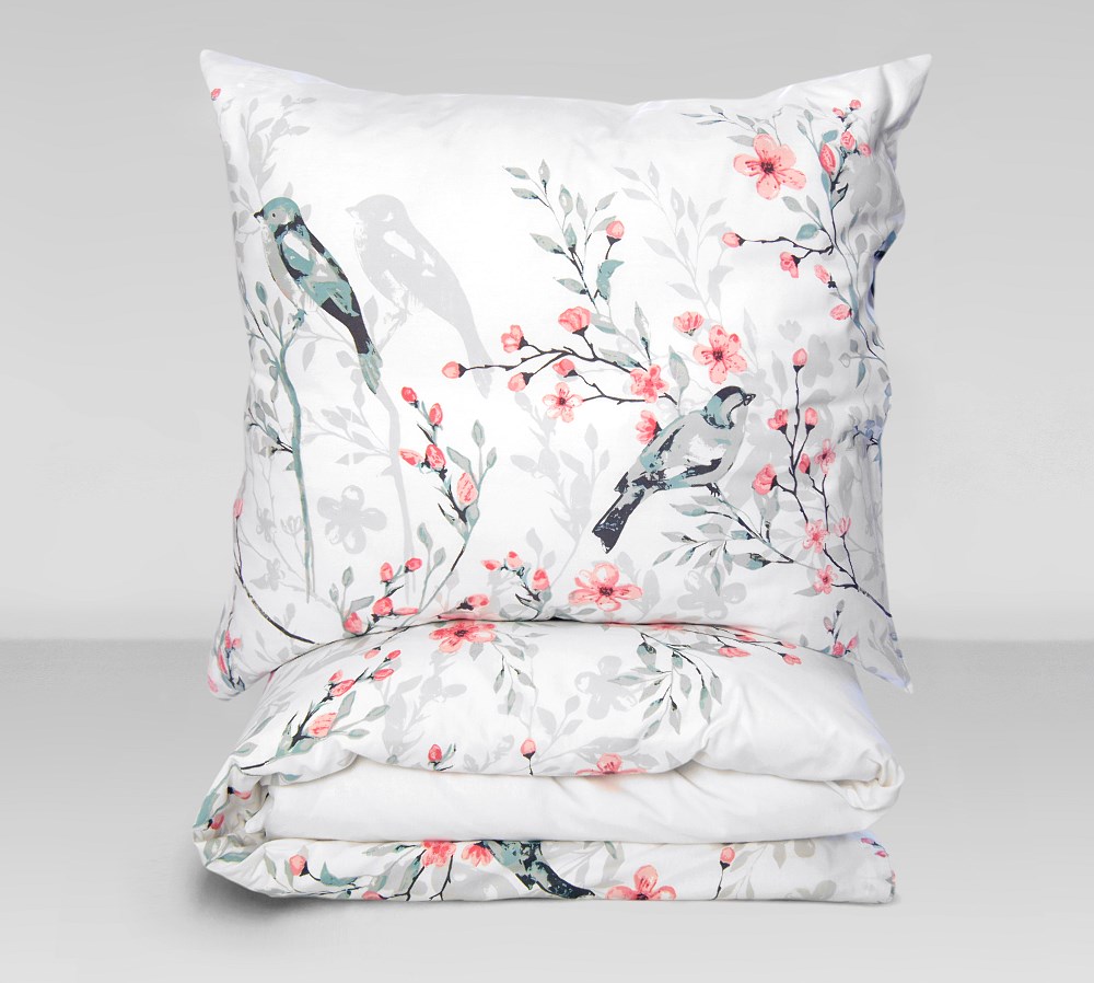 Pościel bawełniana 160x200 Happy biała kolorowa kwiatuszki ptaszki Bielbaw Premium - obrazek 4