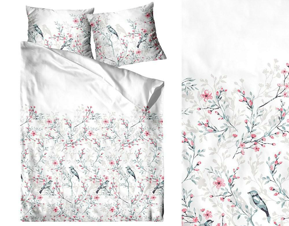 Pościel bawełniana 160x200 Happy biała kolorowa kwiatuszki ptaszki Bielbaw Premium