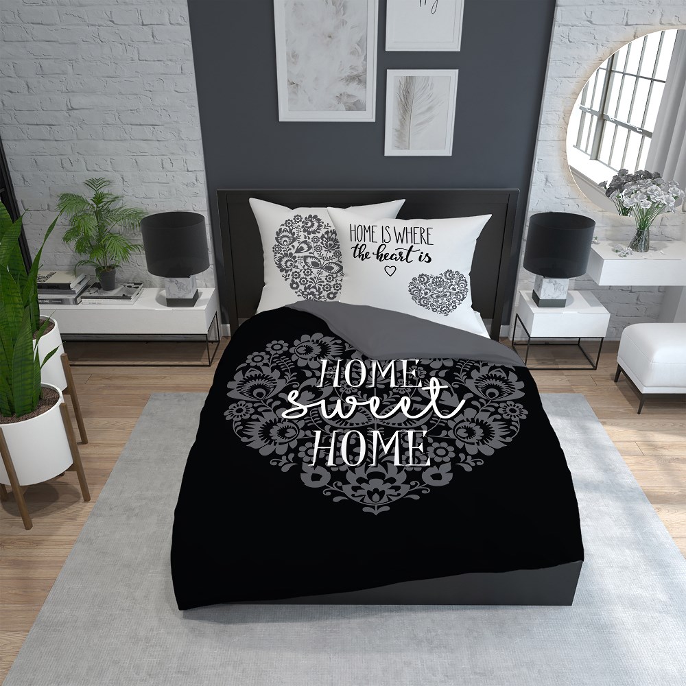 Pościel bawełniana 160x200 Home sweet Home serca czarna biała 3753 A Holland 78 - obrazek 4
